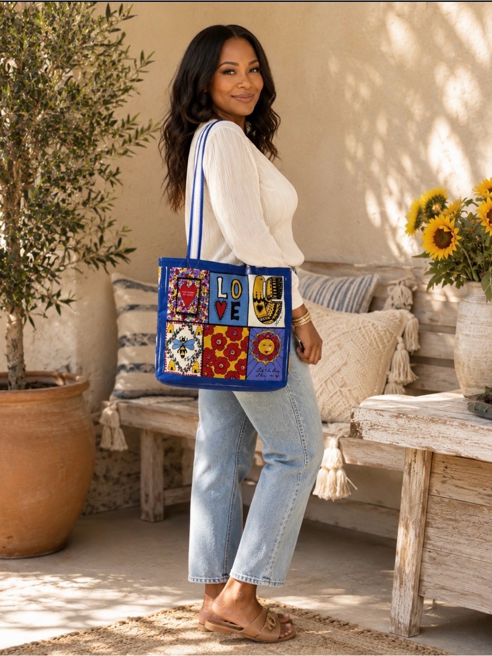 Brighton Multicolor Patchwork LOVE Print Canvas Tote